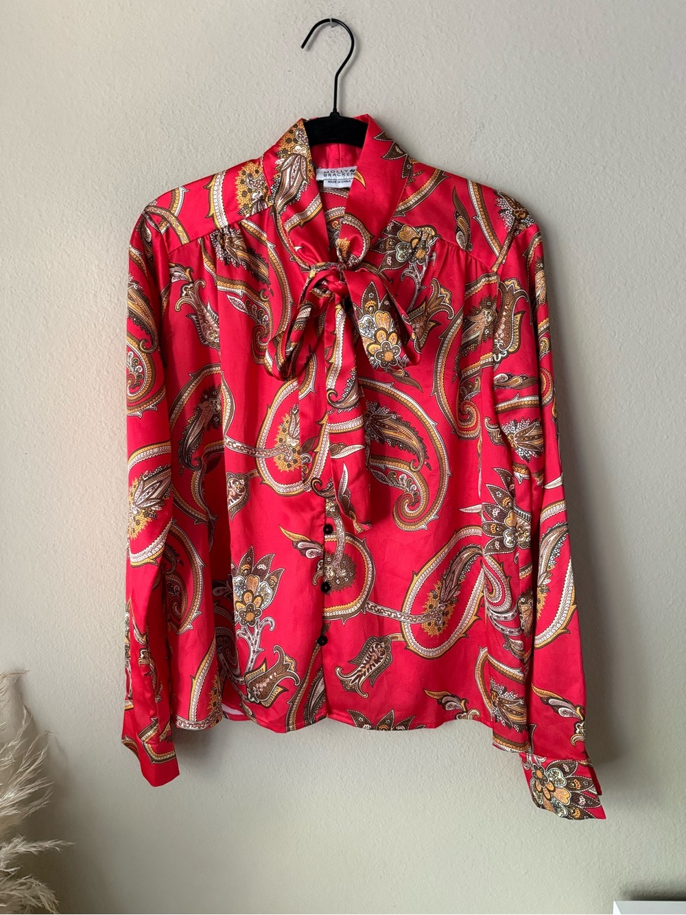 Molly Bracken Red Paisley Tie-Neck Blouse Top Shirt